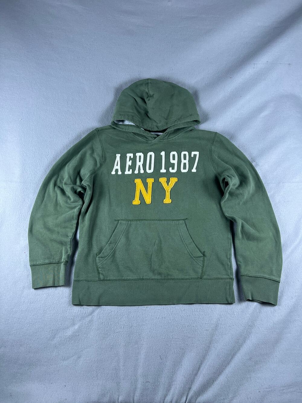 Aeropostale Hoodie Mens M Green Aero 1987 NY Spellout Kangaroo Sweatshirt Y2K
